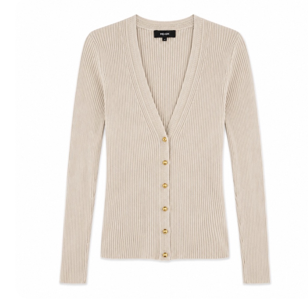 ME & EM beige ribbed gold button luxury cardigan fine knit lightweight size XS